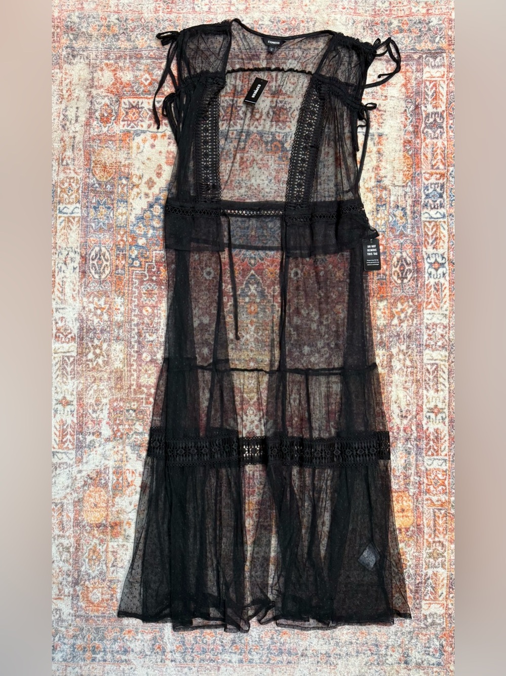 Express Black Sheer Lace Mesh Duster Cover Up XS NWT